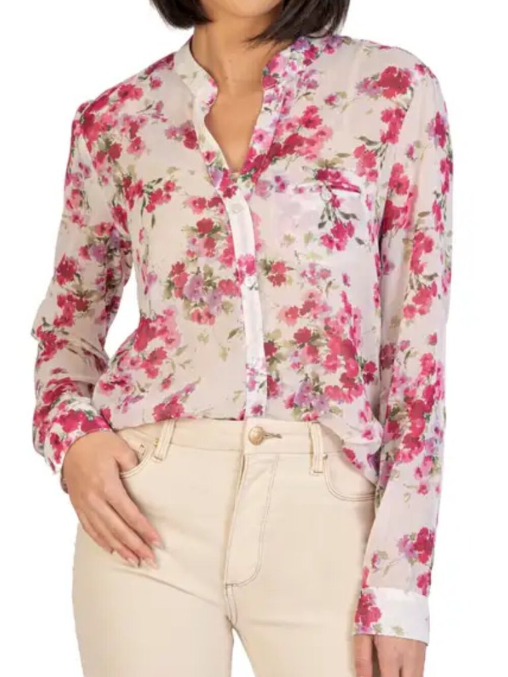 KUT from the Kloth Jasmine Chiffon Button-Up Shirt, CHAUMONT-WHITE CHERRY